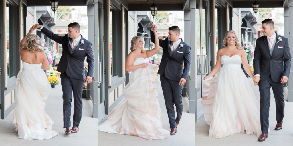 bride and groom walking and twirling while smiling