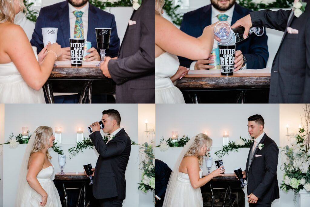 bride and groom doing a shot of alcohol during ceremony