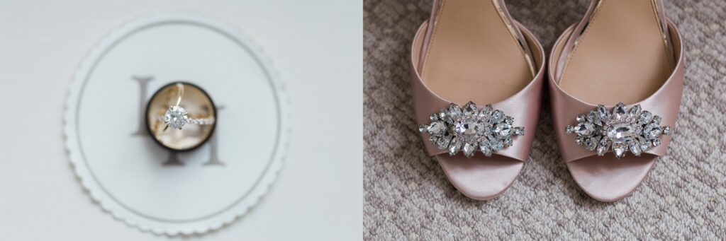 wedding details shot of ring and shoes