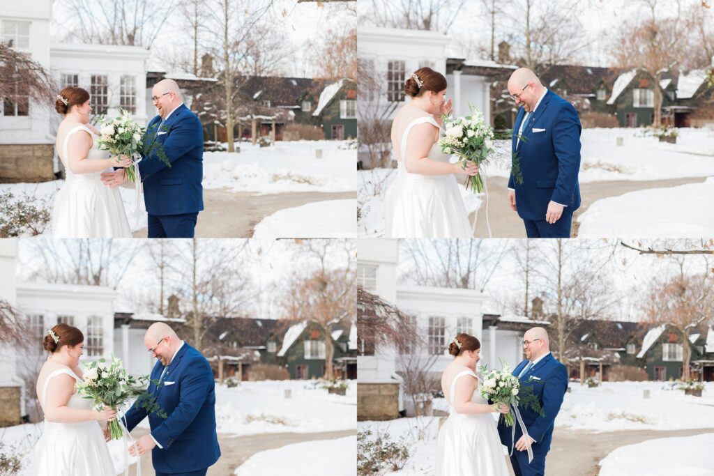 collage of bride and groom having first look at winter wedding outside at Langdon Hall