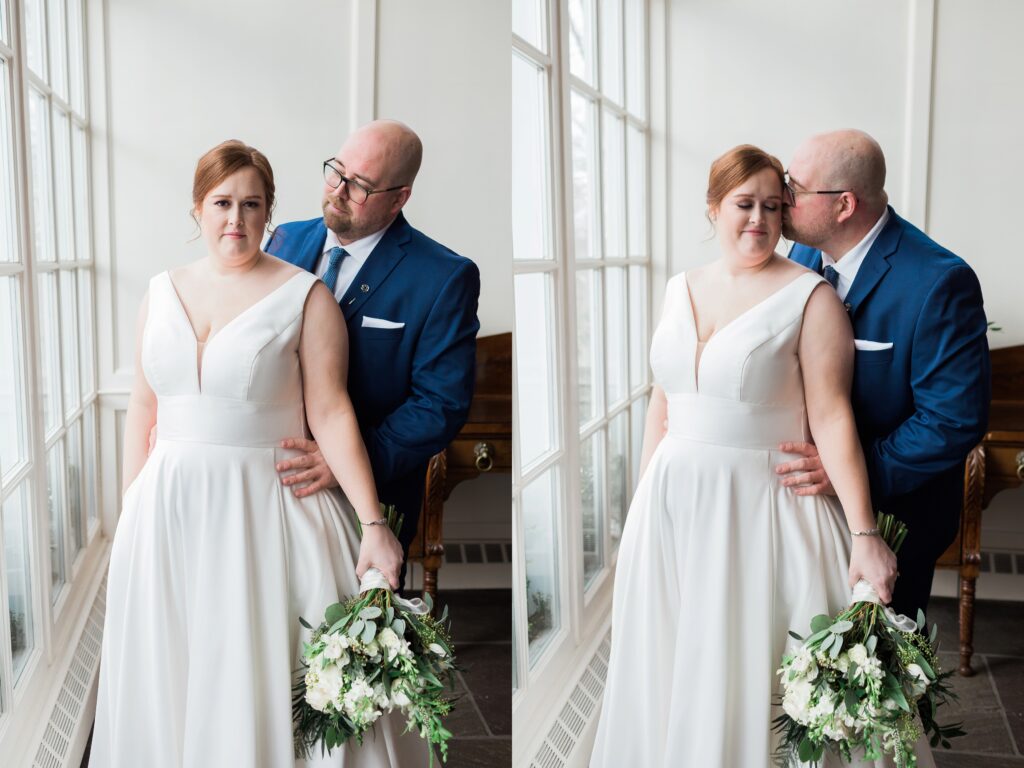 intimate side by side photo of groom kissing bride on the cheek