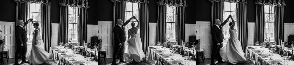 groom twirling bride in dining room at Langdon Hall intimate setting