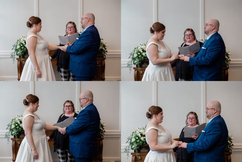 bride and groom exchanging rings in4 photo collage