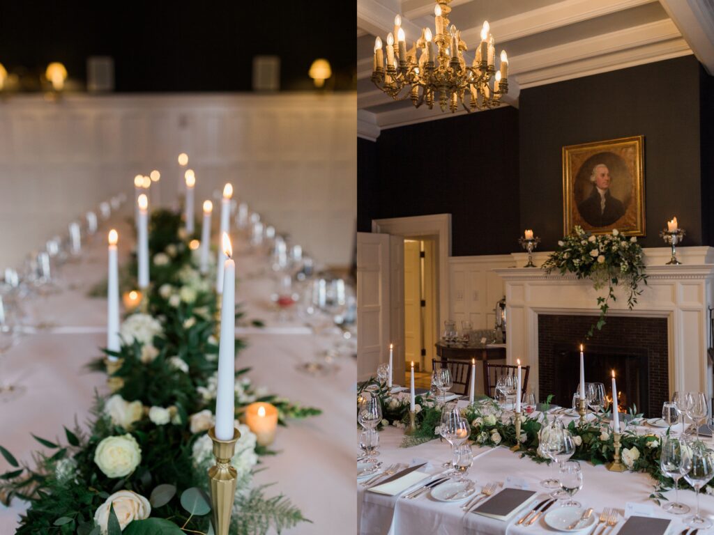 intimate reception dining hall with fireplace and candles set up