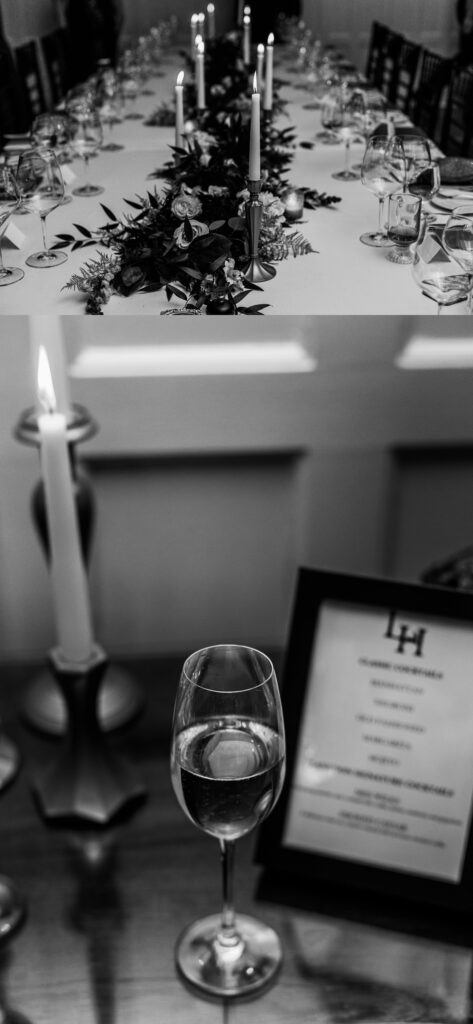 wedding detail shot of wine glass and candles