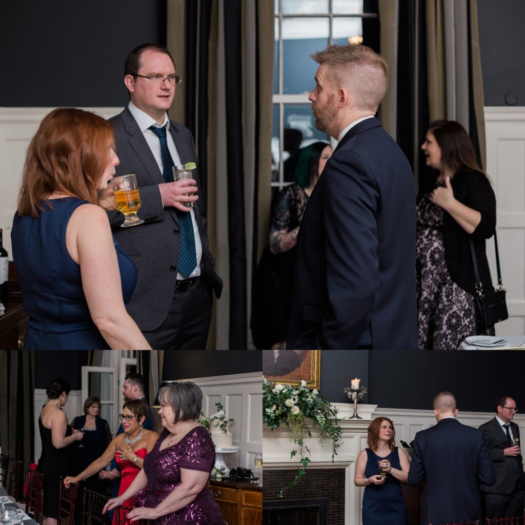 guests talking with drinks at intimate cocktail hour