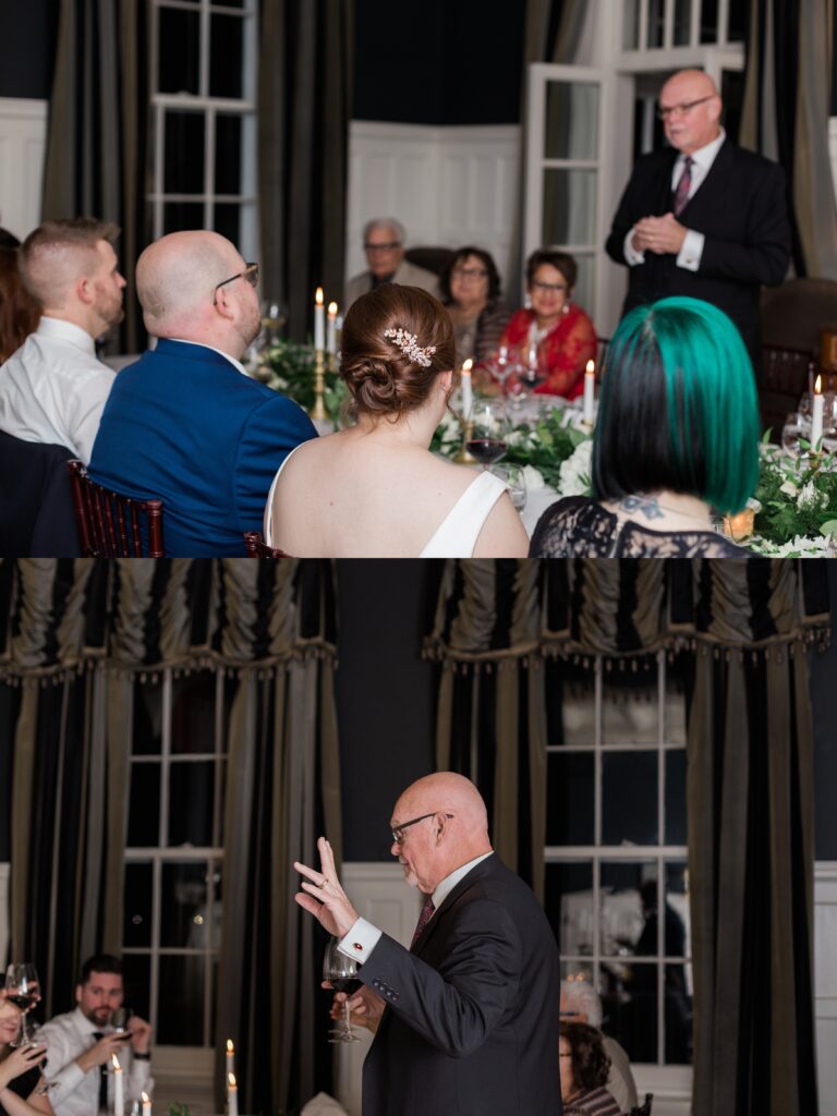 father of the bride giving wedding toast at intimate reception dinner