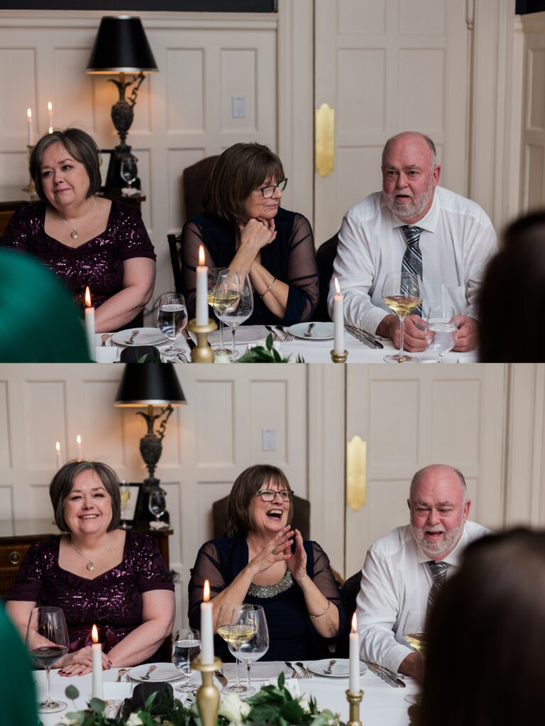 mother of groom laughing and smiling during intimate wedding dinner