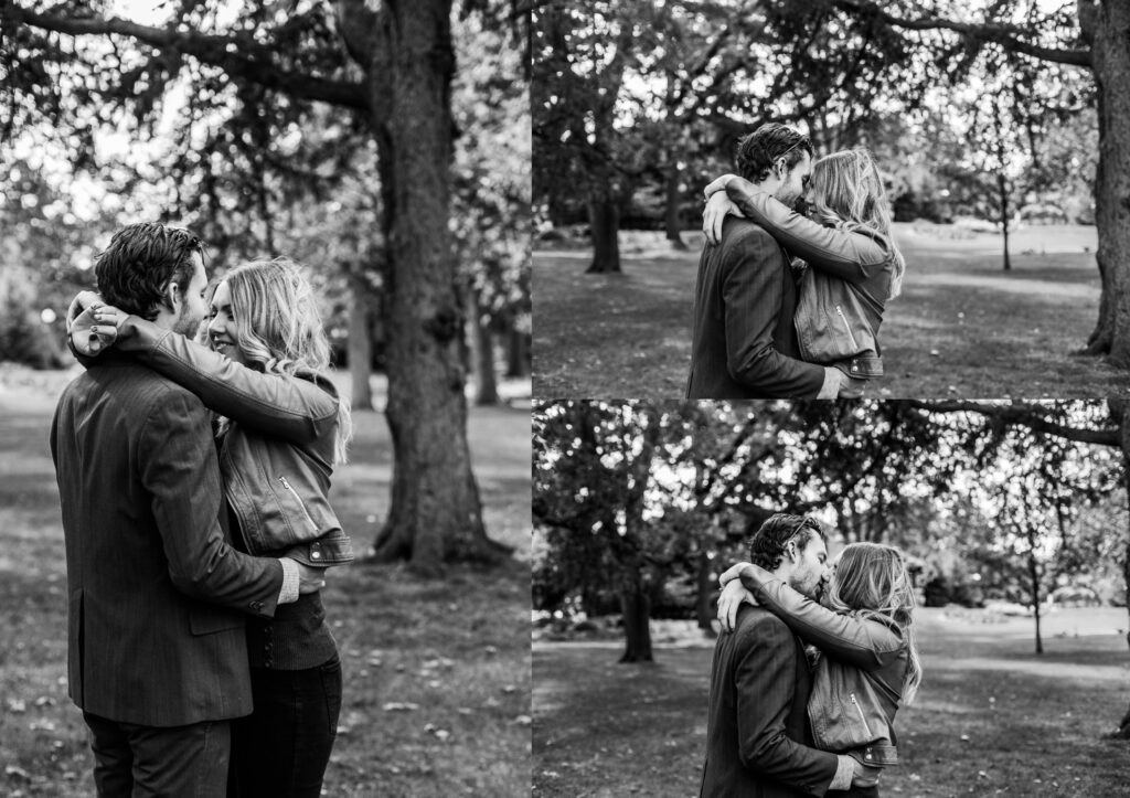 collage of couple kissing in park in black and white image
