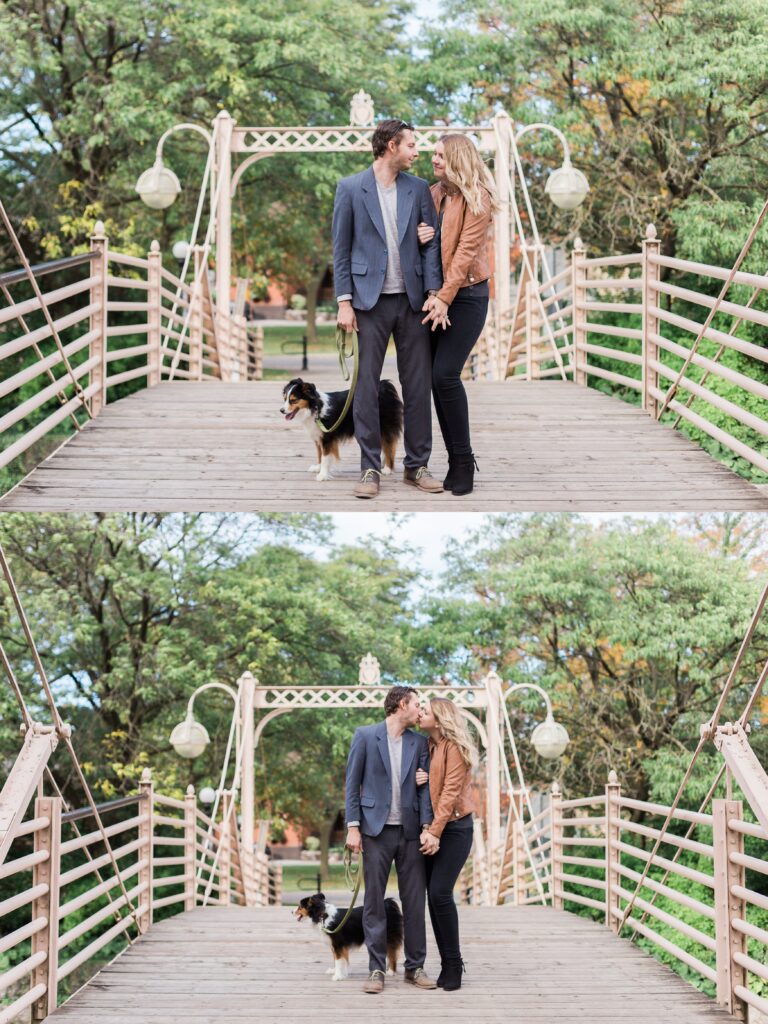 Kitchener couple kissing walking dog over bridge