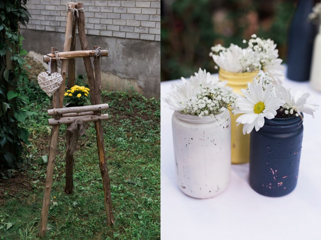 Flowers in painted jars for backyard wedding decor