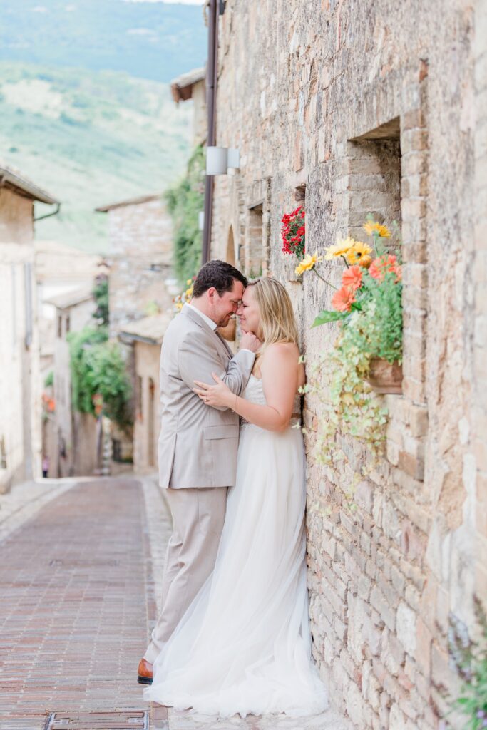 Newlywed couple in Spello, Italy