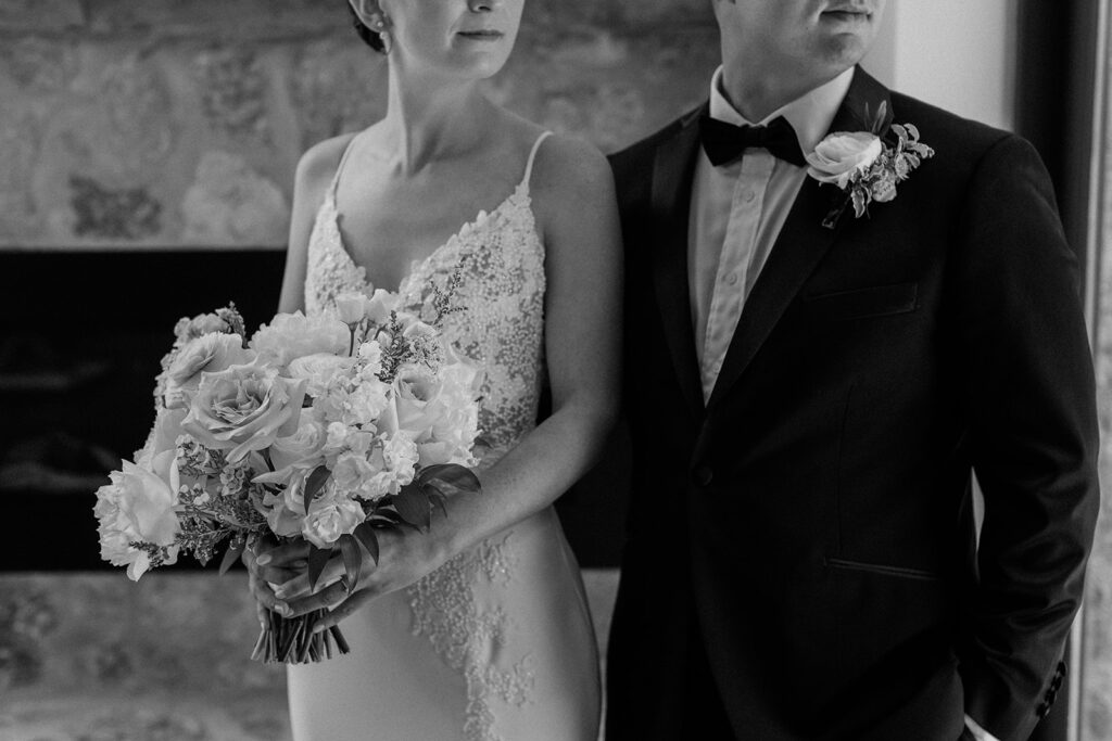 black and white detail photo of bride and groom at Cedar Cliff in Elora, Ontario