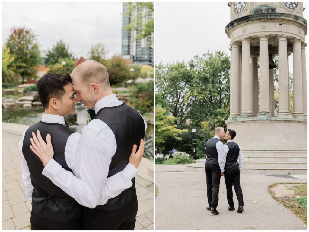 grooms snuggle in Victoria Park during downtown wedding at Walper Hotel