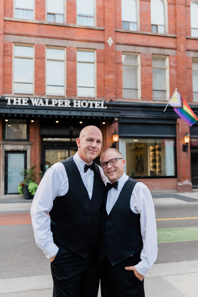 Same Sex Couples in front of their wedding venue, the Walper Hotel in downtown Kitchener, Ontario